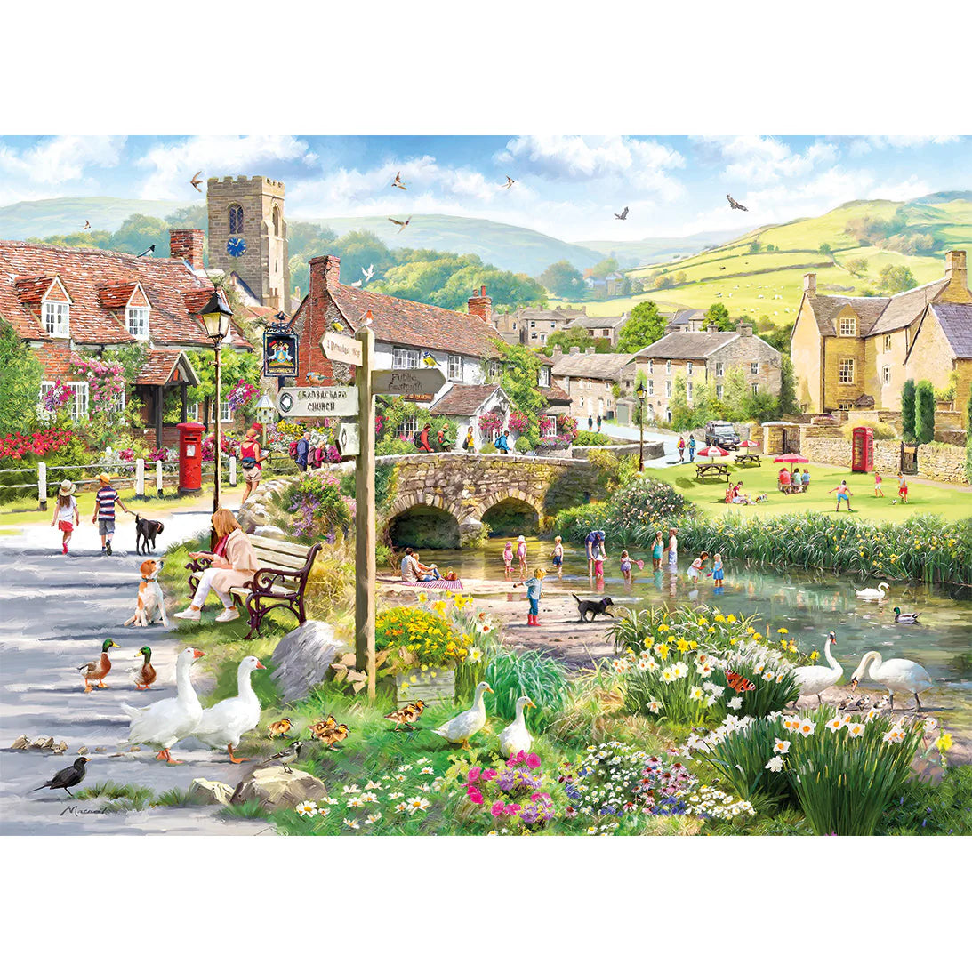 "A relaxing day in the village, captured in the 1000-piece Gibsons - Puddle Ducks & Paddling puzzle."
