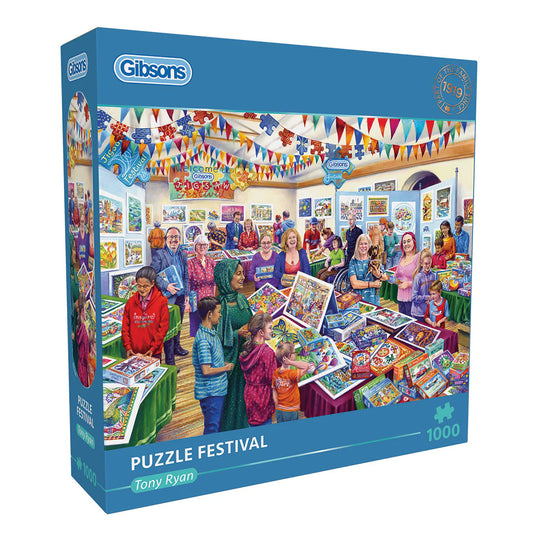 "Gibsons - Puzzle Festival: 1000 pieces, painted by Tony Ryan, showcasing a lively jigsaw puzzle gathering."
