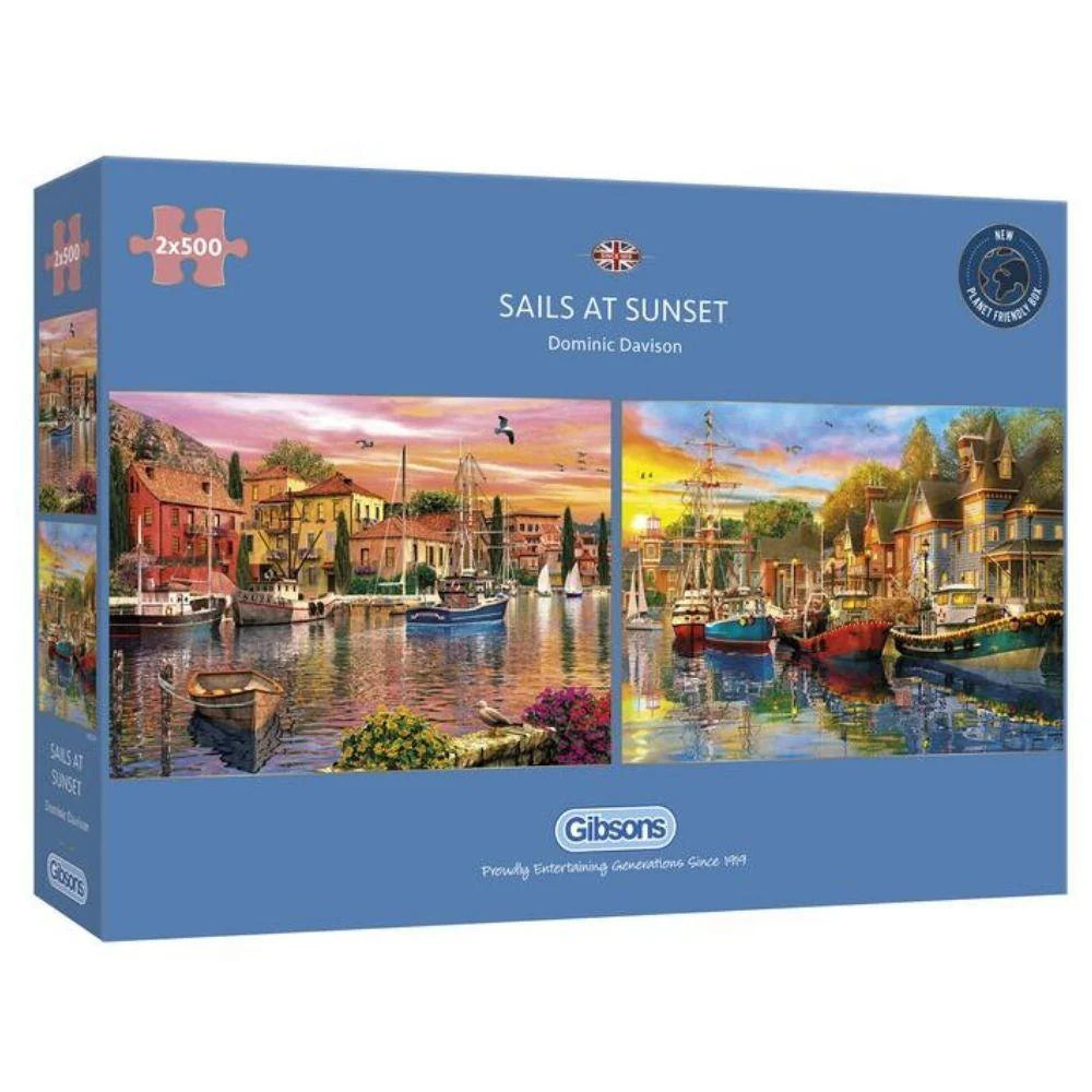 "Gibsons - Sails at Sunset 2 x 500 Piece Jigsaw Puzzles with vibrant images of boats on tranquil water."
