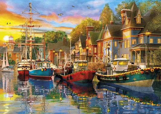 "Gibsons - Sails at Sunset 2 x 500 Piece Jigsaw Puzzles offering vibrant sunset reflections in water."
