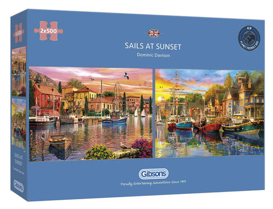 "Two 500-piece jigsaw puzzles from Gibsons showcasing stunning sunset scenes on calm waters."
