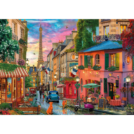 The iconic La Maison Rose captured in the Gibsons - Sunset Over Paris 1000 Piece Jigsaw Puzzle.
