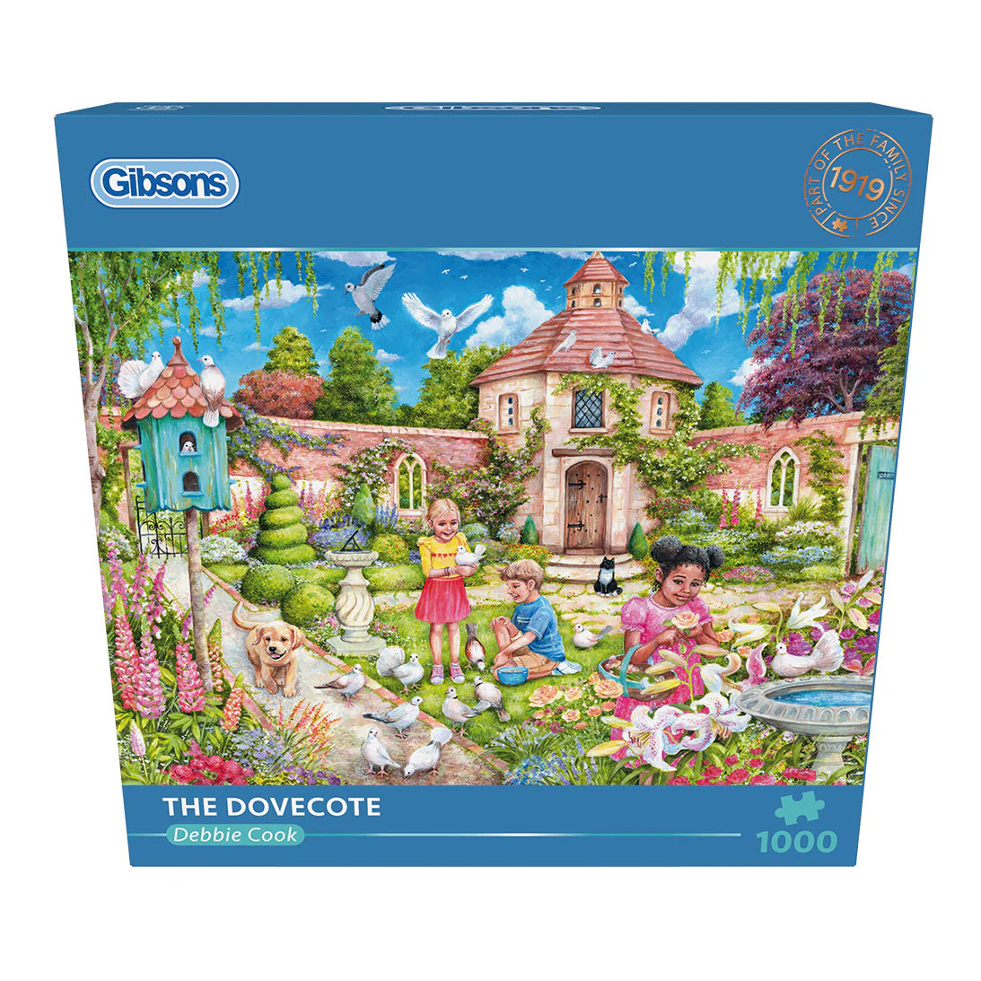 "A summer scene comes to life in the Gibsons - The Dovecote puzzle, featuring Orla holding a dove as others fly around."
