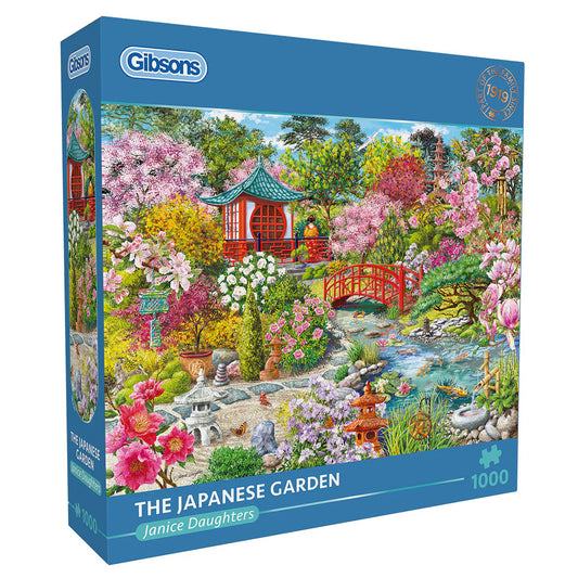 The Gibsons - The Japanese Garden 1000 Piece Jigsaw Puzzle features a wooden bridge, koi fish, and sakura blossoms.
