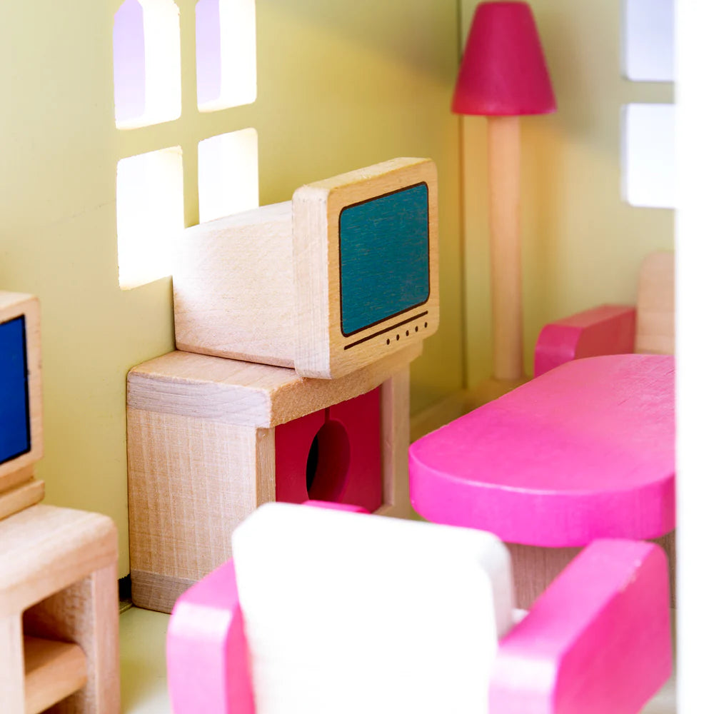 Heritage Playset Doll Furniture Set – 27-piece wooden furniture set for kids' dollhouses.
