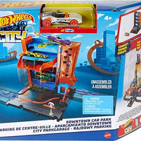 Hot Wheels City Downtown Car Park - A 4-level garage playset for endless hours of fun with a moveable elevator and ramp.
