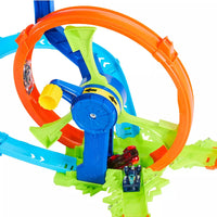Portable Hot Wheels Action Turbine Challenge Playset with foldable design and handle.
