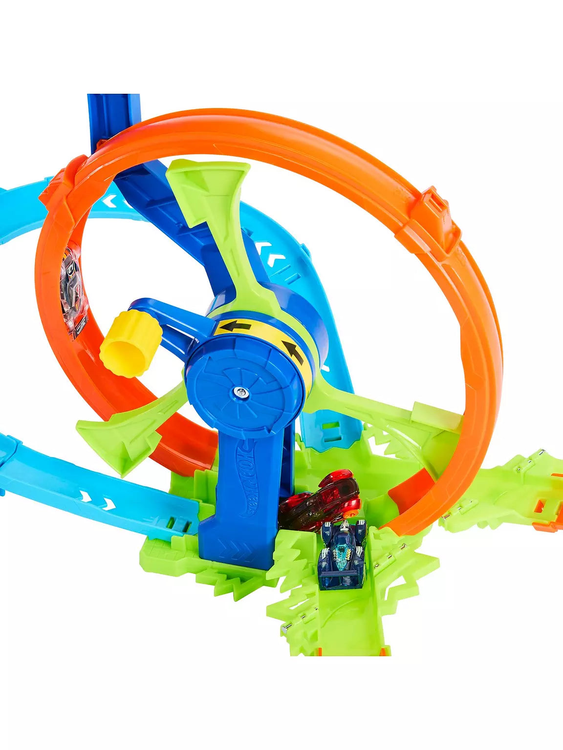 Portable Hot Wheels Action Turbine Challenge Playset with foldable design and handle.
