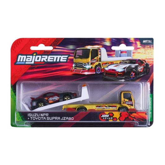 Majorette JDM Legends Tuning Transporter Isuzu NPR & Toyota Supra JZA80 Red picture in the box