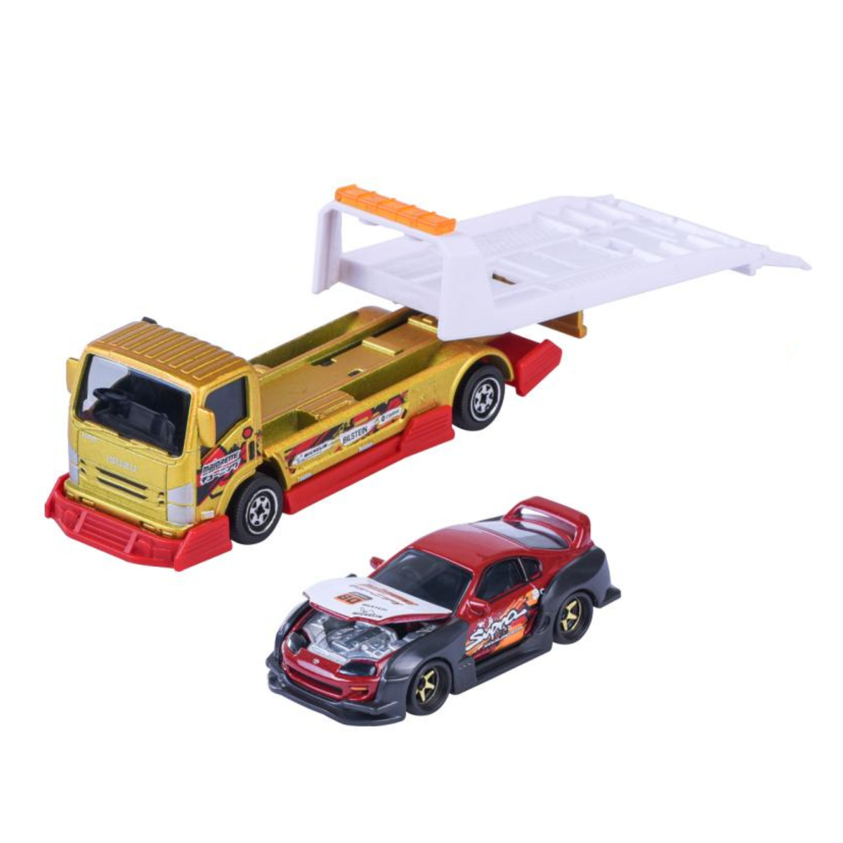 Majorette JDM Legends Tuning Transporter Isuzu NPR & Toyota Supra JZA80 Red front view picture on the white background