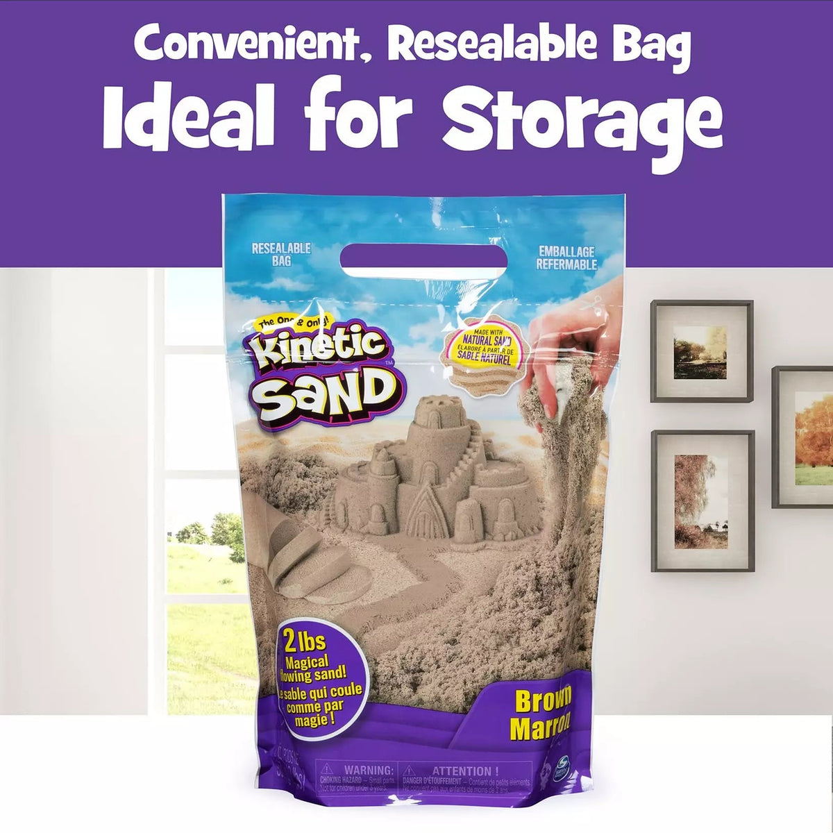 Kinetic Sand Beach Brown Sand 2lb Bag in reusable bag for easy storage