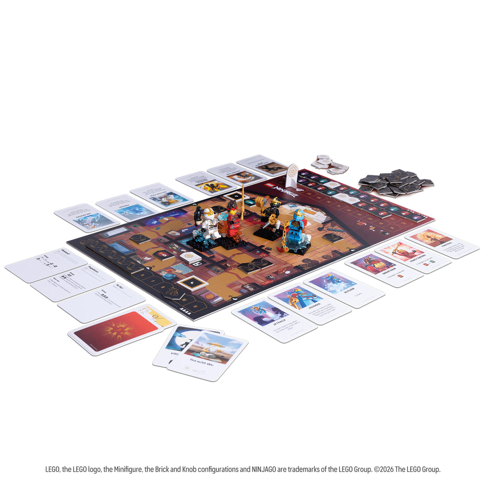 Destiny's Bounty Adventures game set up with board, minifigures and cards