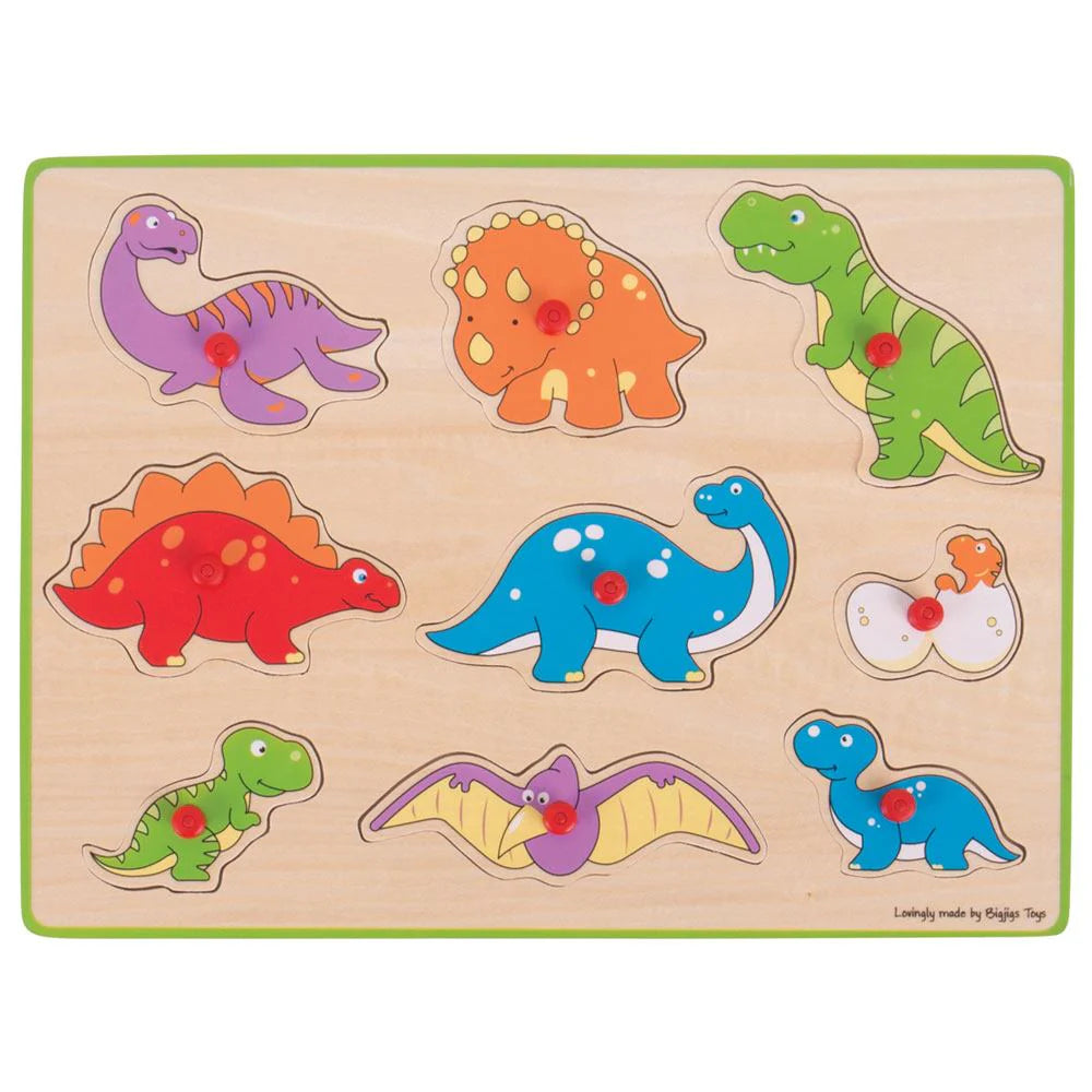 Brightly colored Lift Out Puzzle (Dinosaurs) designed for little hands.
