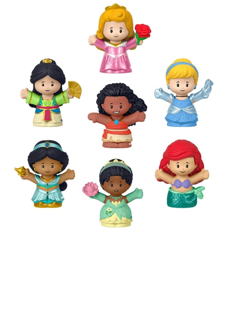 Little People Disney Princess 7 Figure Pack featuring Disney Princesses like Tiana, Rapunzel, Moana, Mulan, Ariel, Aurora, and Jasmine.
