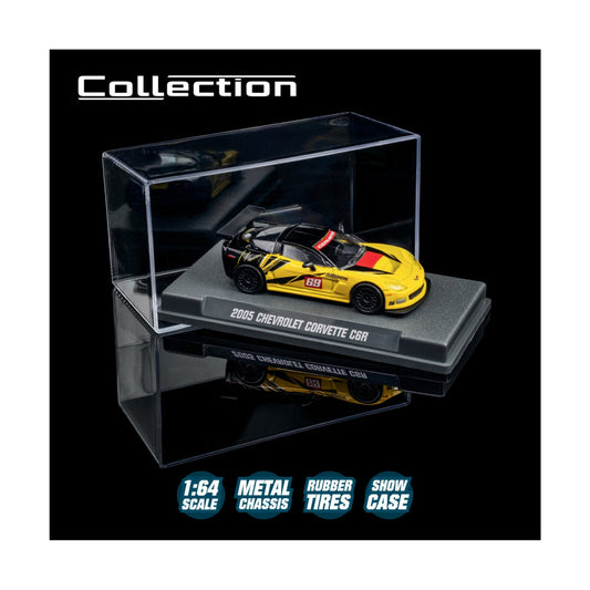 Yellow and black Corvette C6 R in its clear Majorette Collection display box