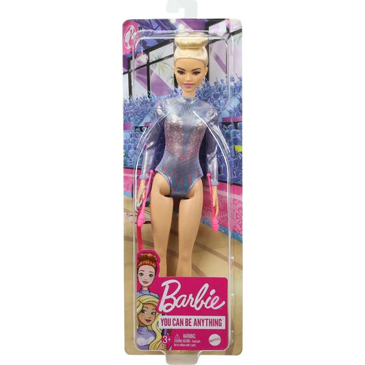 Barbie Rhythmic Gymnast Blonde Doll in metallic leotard, holding a ribbon.
