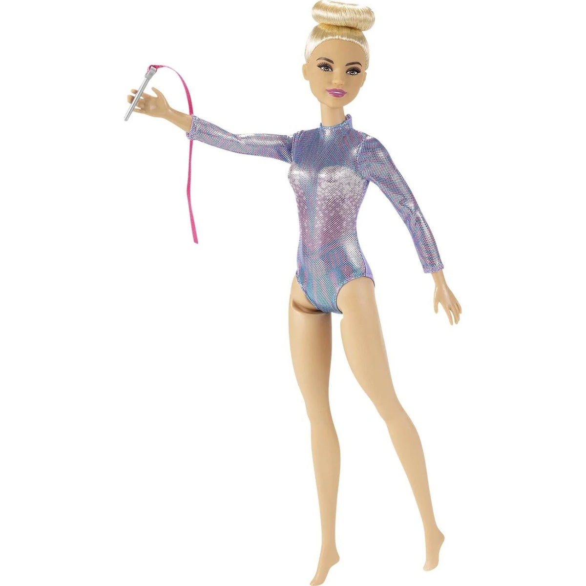 Barbie Rhythmic Gymnast Blonde Doll with batons and ribbon, ready to perform.
