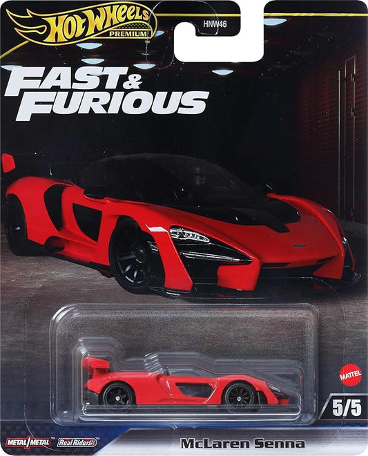 Hot Wheels Premium Fast & Furious McLaren Senna with a metal body and chassis, perfect for collectors.
