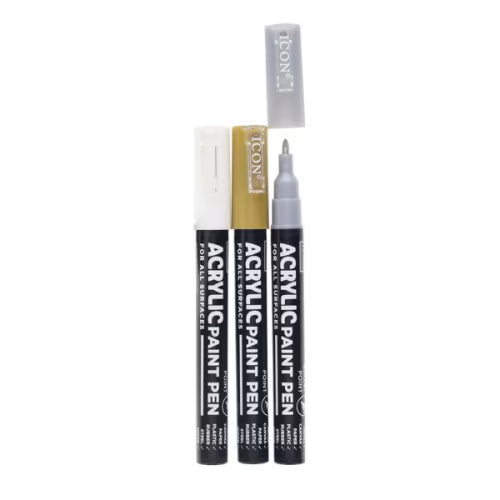 Metallic Acrylic Paint Pens 3 Pack in white, gold and silver