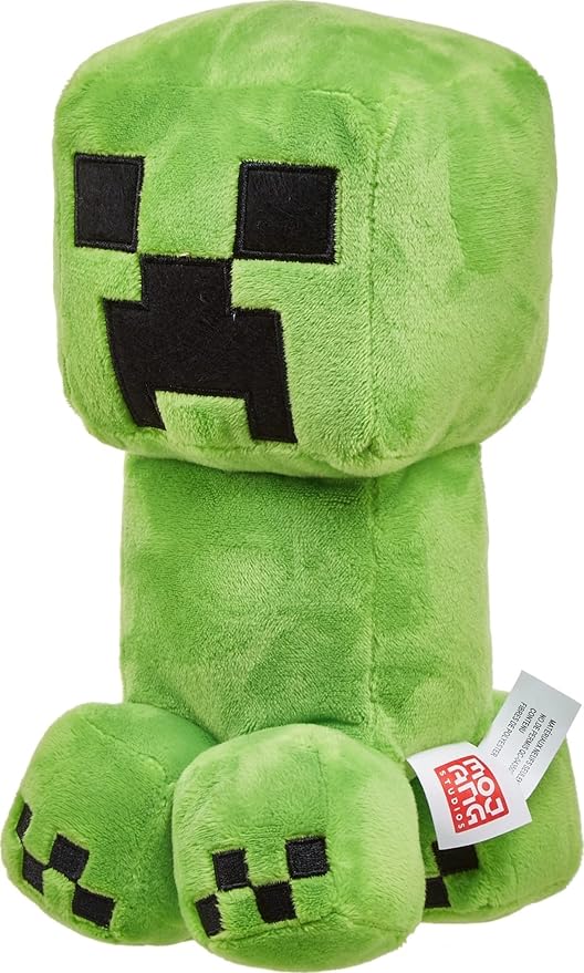 "Plush Creeper from Minecraft, 8 inches tall, designed for tactile play."
