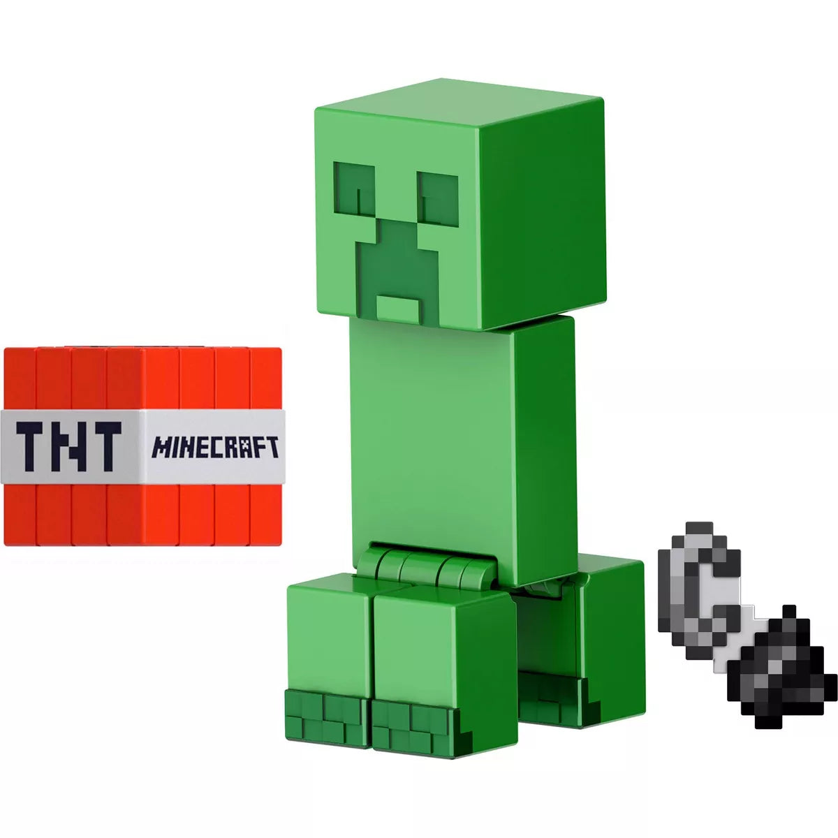 A close-up of the Minecraft Creeper action figure with vibrant colors and poseable joints.
