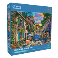 A stunning 1000-piece puzzle from Gibsons, illustrating a peaceful Mediterranean town in morning light.
