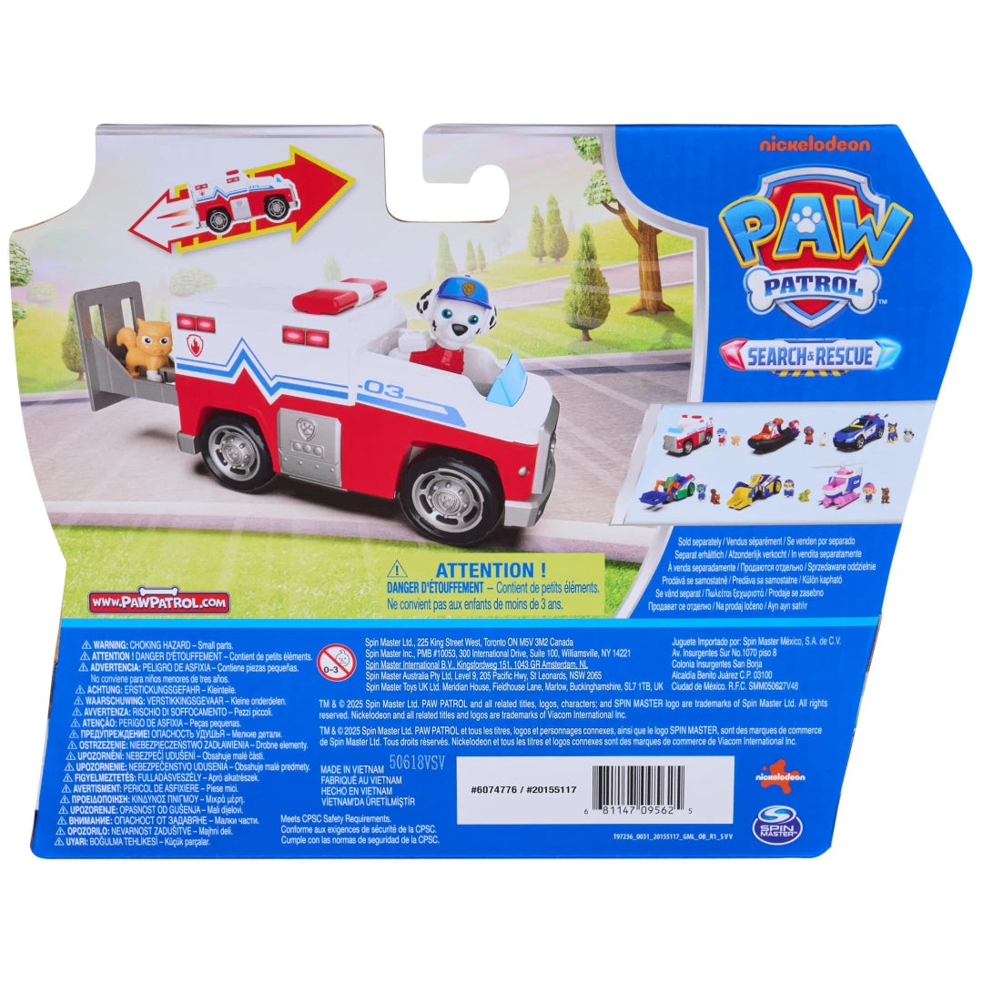 Paw Patrol Search and Rescue Marshall Toy Figure for Kids reverse picture of the box