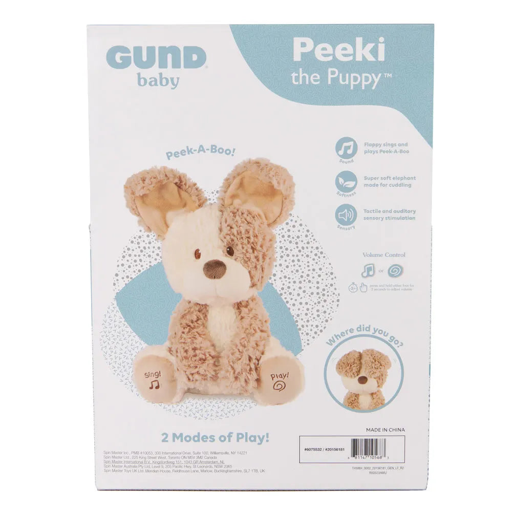 GUND Animated Peeki the Puppy Plush Toy icture of the box reverse