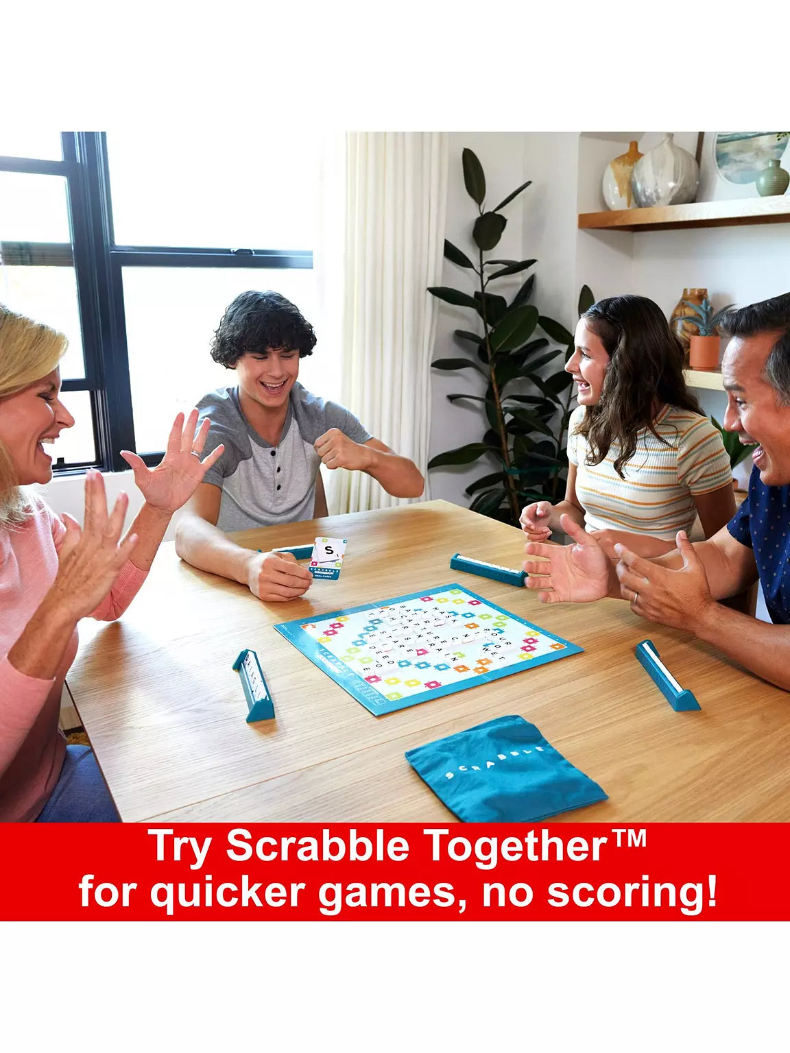 "Reversible Scrabble board: flip it for a fast-paced, cooperative experience in Scrabble Together."
