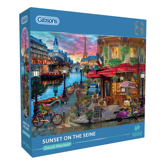 Gibsons - Sunset on the Seine jigsaw puzzle showing an evening view of Paris along the River Seine.
