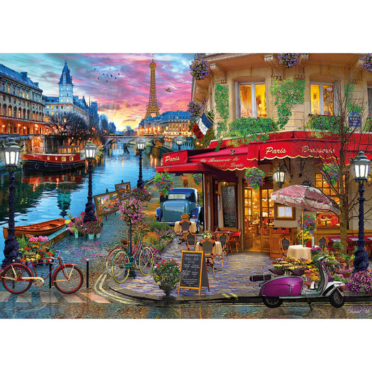 Sunset on the Seine puzzle by Gibsons, capturing the romantic Paris skyline at dusk.
