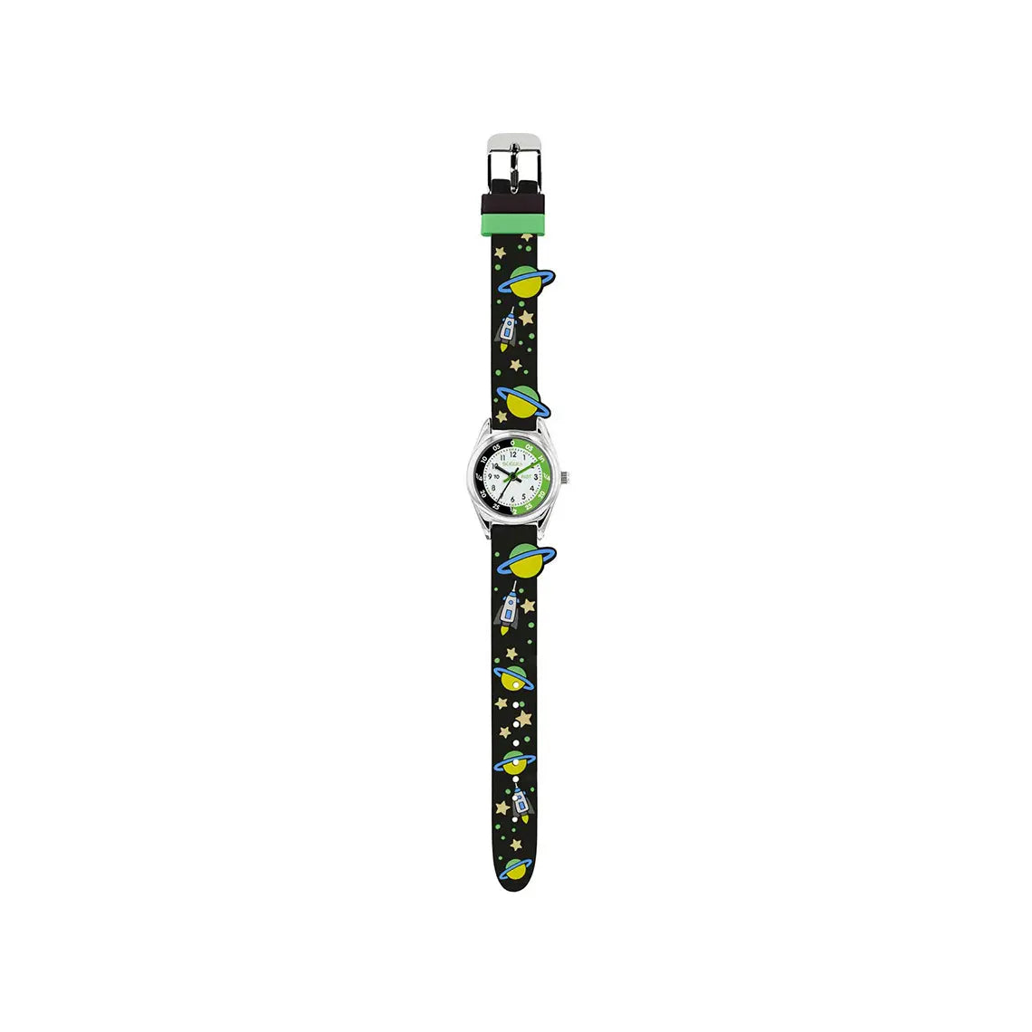 Tikkers Boys Green & Black Space Analogue Watch with a space pattern strap