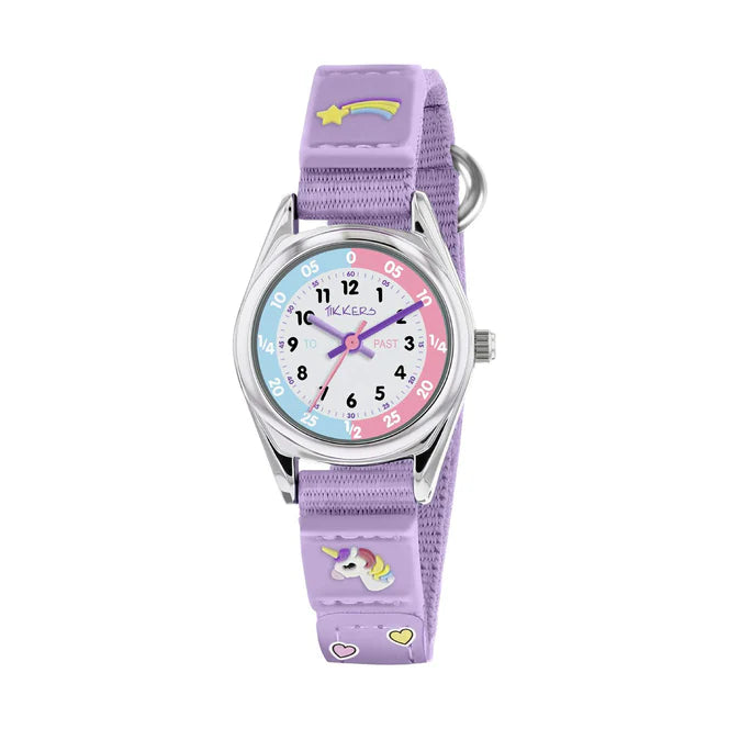Tikkers Girls Purple Fabric Rip Strap Unicorn Watch close view picture of the watch design
