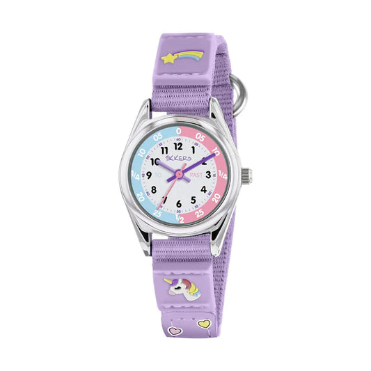 Tikkers Girls Purple Fabric Rip Strap Unicorn Watch close view picture of the watch design