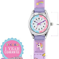 Tikkers Girls Purple Fabric Rip Strap Unicorn Watch picture with measurements