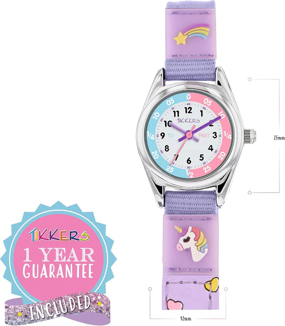 Tikkers Girls Purple Fabric Rip Strap Unicorn Watch picture with measurements