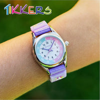 Tikkers Girls Purple Fabric Rip Strap Unicorn Watch life style picture