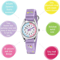 Tikkers Girls Purple Fabric Rip Strap Unicorn Watch picture with features