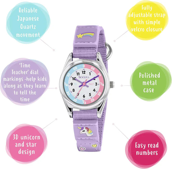 Tikkers Girls Purple Fabric Rip Strap Unicorn Watch picture with features