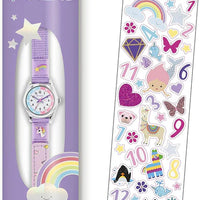 Tikkers Girls Purple Fabric Rip Strap Unicorn Watch picture in the box