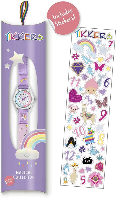 Tikkers Girls Purple Fabric Rip Strap Unicorn Watch picture in the box