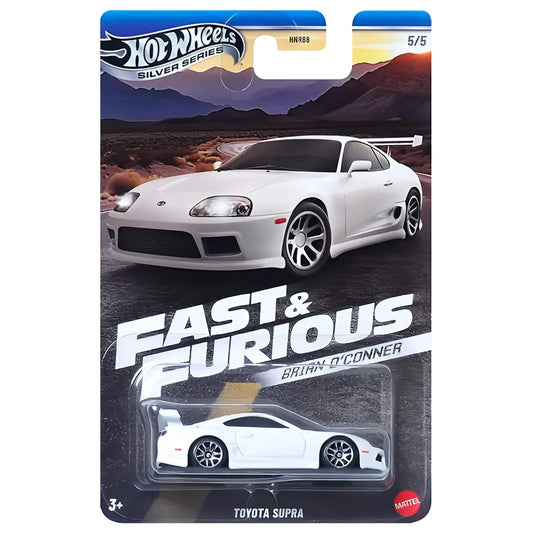 Officially licensed Hot Wheels Fast & Furious Toyota Supra White MK4 in a sleek white design.
