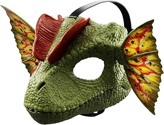 "Venom Launchin' Dilophosaurus Mask with manual frill adjustment and water-squirt action for Jurassic fans."
