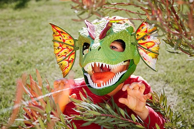 "Interactive Venom Launchin' Dilophosaurus Mask for kids featuring a water-squirt feature and fearsome roars."
