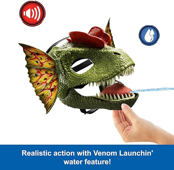 "Ferocious Venom Launchin' Dilophosaurus Mask with realistic dinosaur sounds and adjustable frill."
