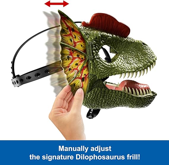 "Kids’ Venom Launchin' Dilophosaurus Mask with interactive features like water squirts and sound effects."
