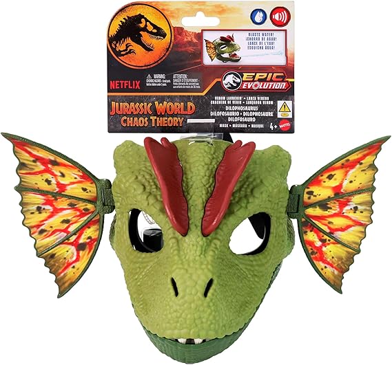 "Jurassic World Venom Launchin' Dilophosaurus Mask with realistic roars, chittering, and an adjustable frill."
