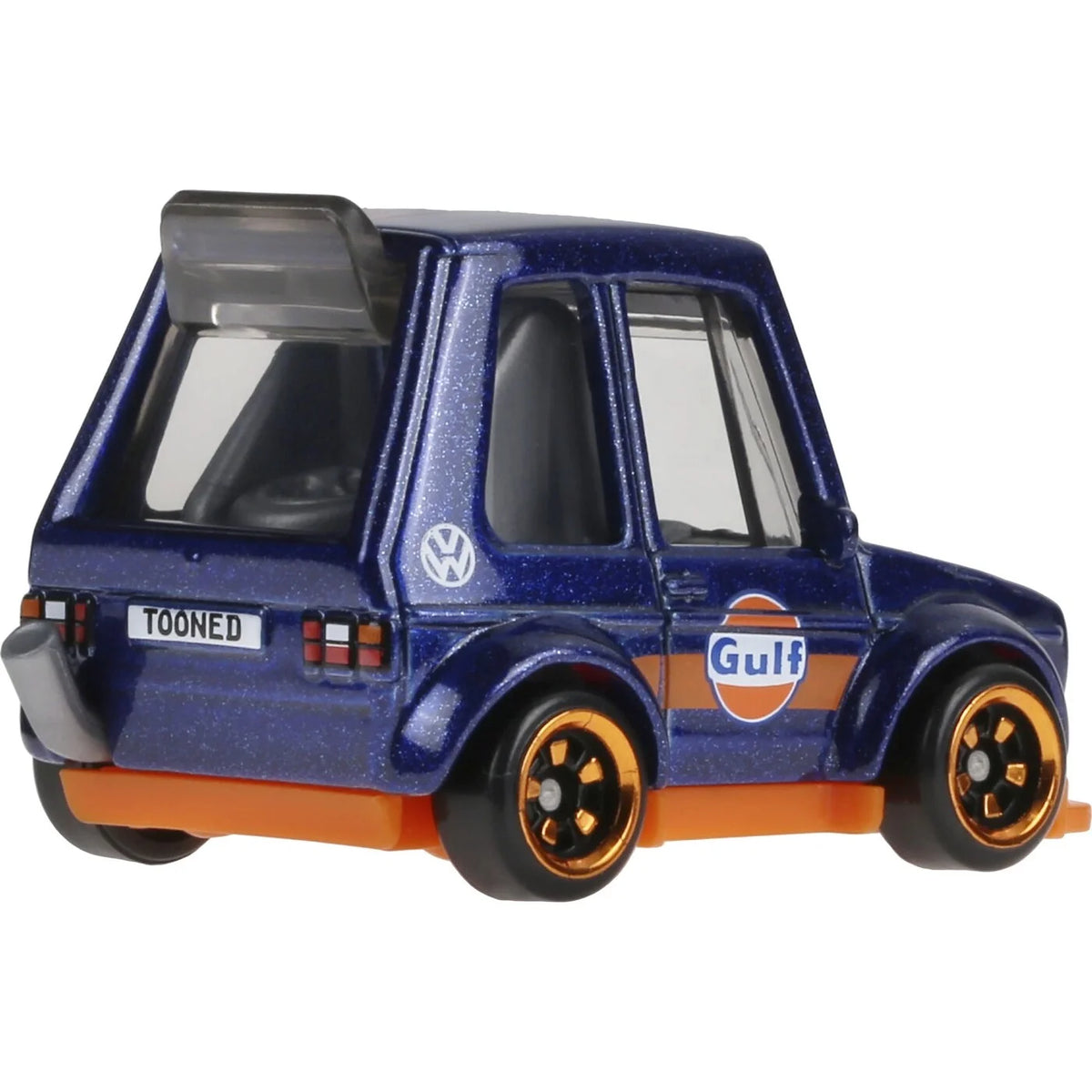 The Hot Wheels Tooned Volkswagen Golf Mk1 ready for an action-packed race, designed for fun and imagination.
