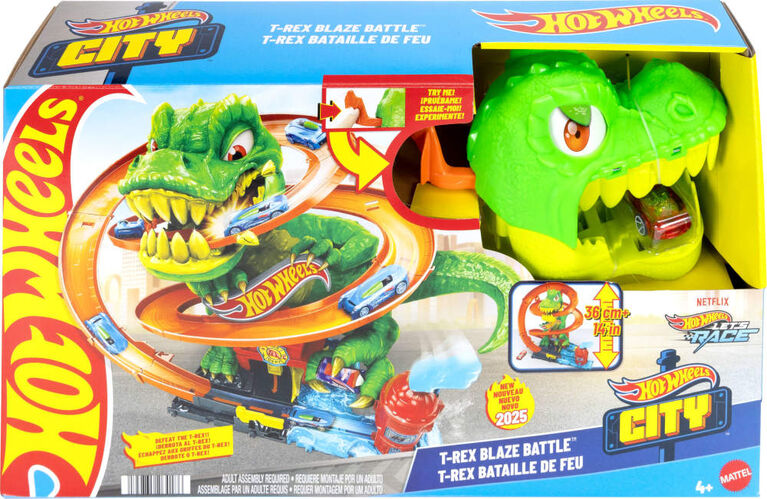 Exciting Hot Wheels T Rex Blaze Battle with spinning eyes and shaking arms.
