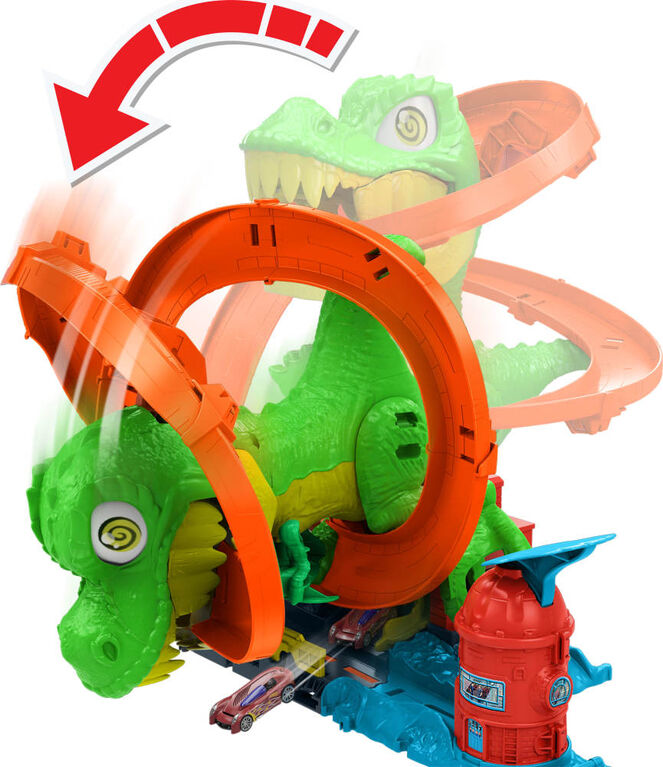 Hot Wheels T Rex Blaze Battle playset includes storage for extra cars.
